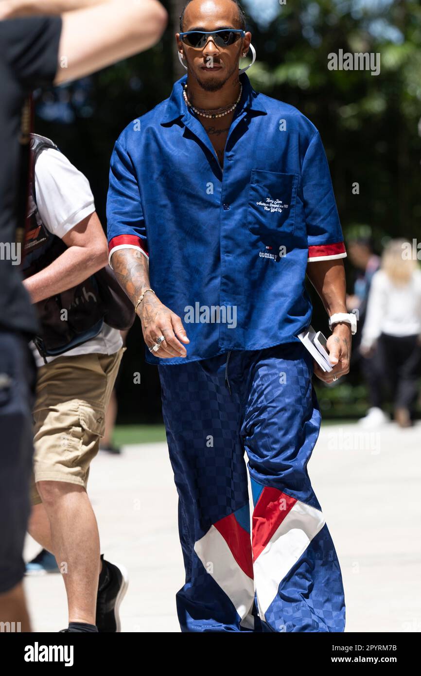Miami, Florida, USA. 4th May, 2023. SIR LEWIS HAMILTON arrives to the  paddock for media day dressed in a blue Tommy Hilfiger track suit ahead of  the Miami Grand Prix. (Credit Image: ©