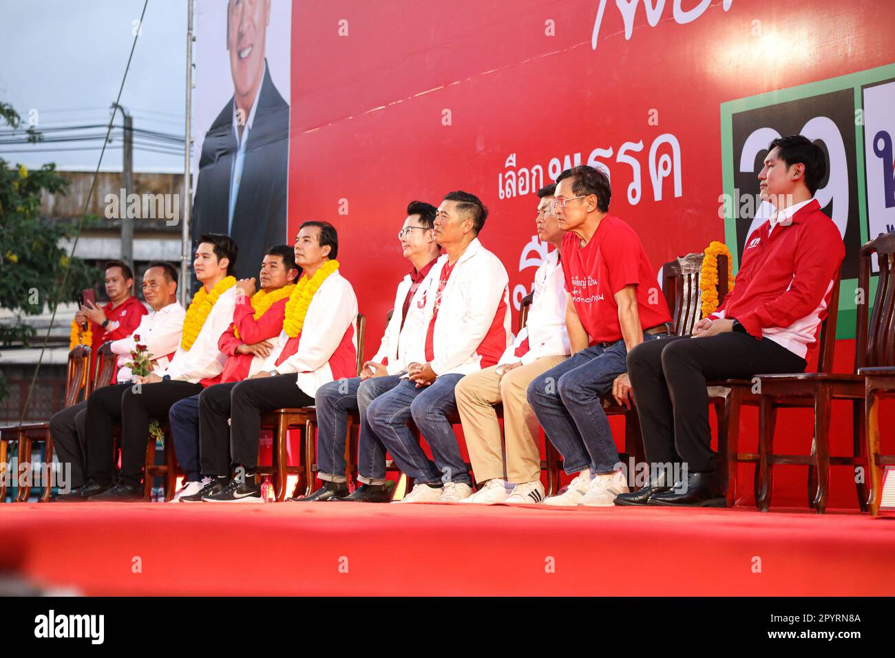 Chanthaburi, Thailand. 4th May, 2023. The Pheu Thai Party held a big campaign stage for the last round of general elections in Chanthaburi Province. Led by candidate Prime Minister Srettha Thavisin, along with party executive committee, party executive and Member of the House of Representatives candidates in all 3 constituencies. (Credit Image: © Adirach Toumlamoon/Pacific Press via ZUMA Press Wire) EDITORIAL USAGE ONLY! Not for Commercial USAGE! Stock Photo