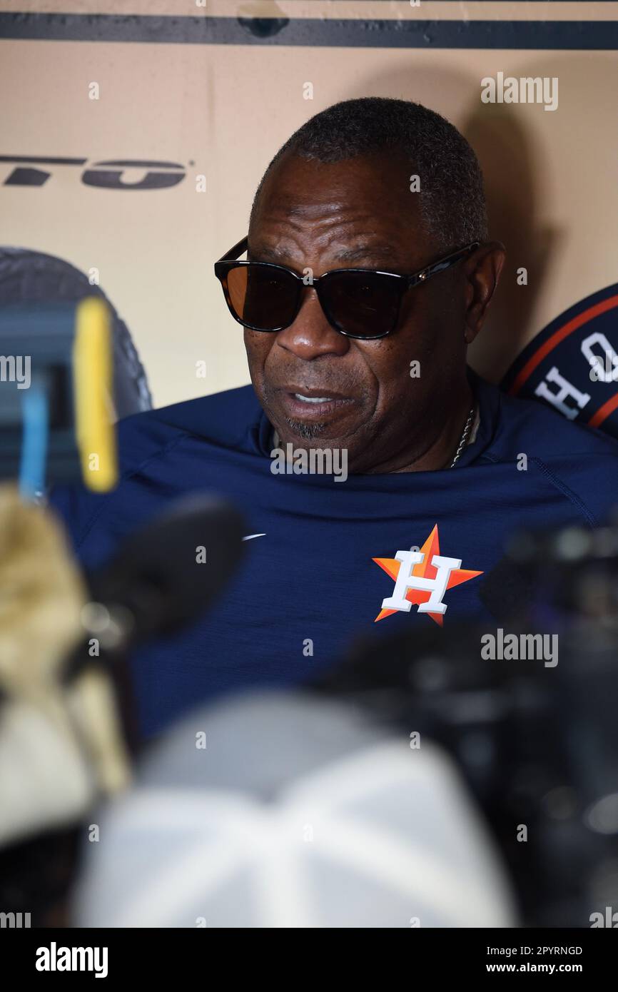 Houston Astros manager Dusty Baker Jr. (12) fields questions from the media before the MLB game between the San Francisco Giants and the Houston Astro Stock Photo