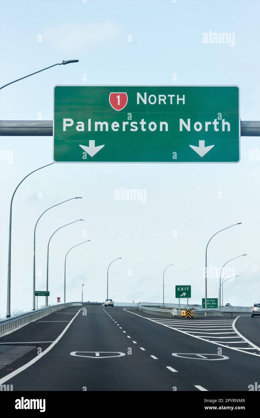 Wellington, New Zealand - October 23, 2022: Motorway lanes on the Transmission Gully Expressway heading towards Palmerston North on SH1 at the Porirua Stock Photo