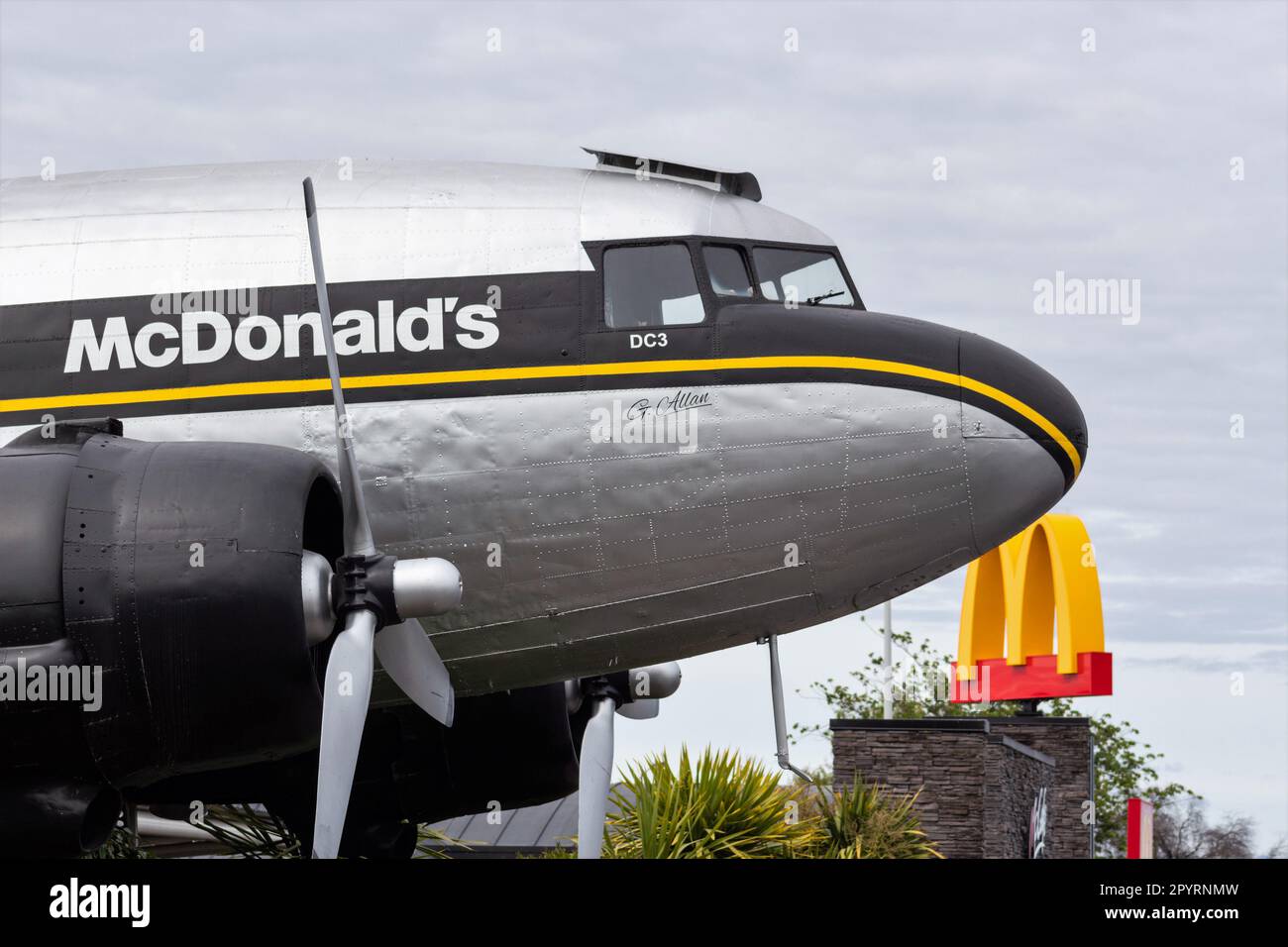 Taupo, New Zealand - October 25, 2022: A close up view of the iconic DC-3 plane which has been converted into a McDonald's restaurant in Taupo, New Ze Stock Photo