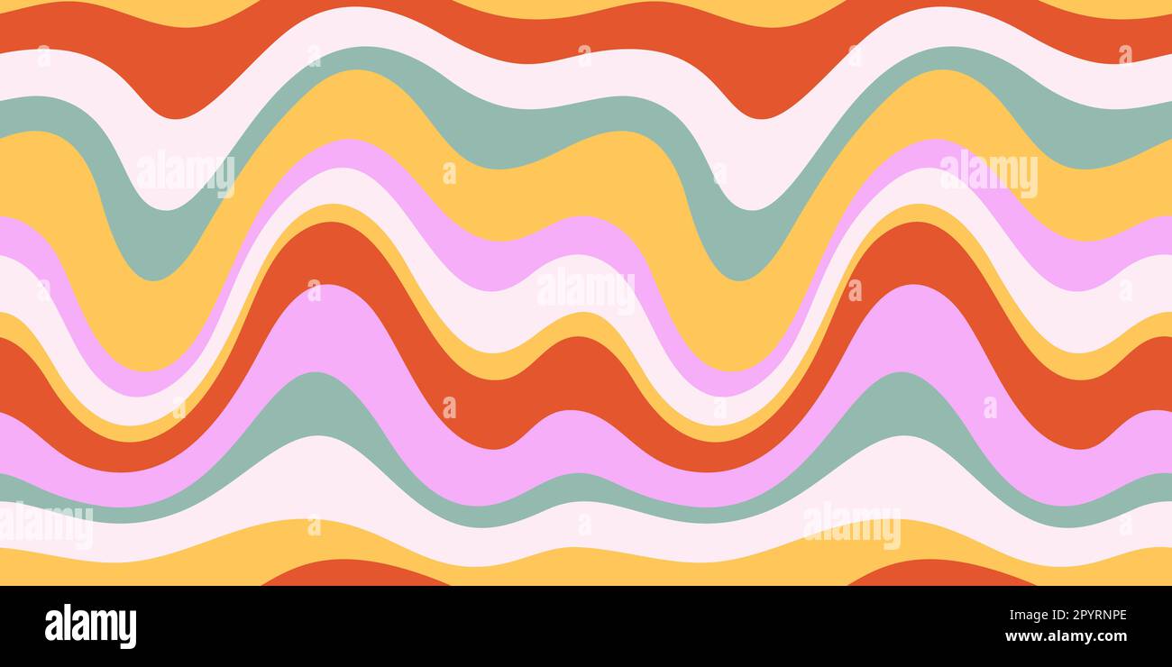 Groovy Waves Horizontal Background. Psychedelic Abstract Curves Vector Seamless Pattern in 1970s Hippie Retro Style. Stock Vector