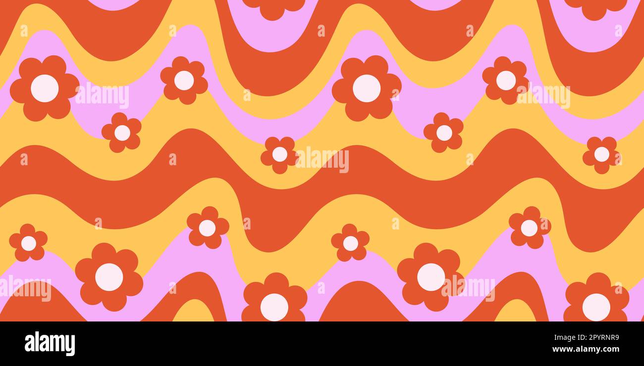 Groovy Waves and Daisy Flowers Horizontal Background. Psychedelic Abstract Curves Vector Seamless Pattern in 1970s Hippie Retro Style. Stock Vector