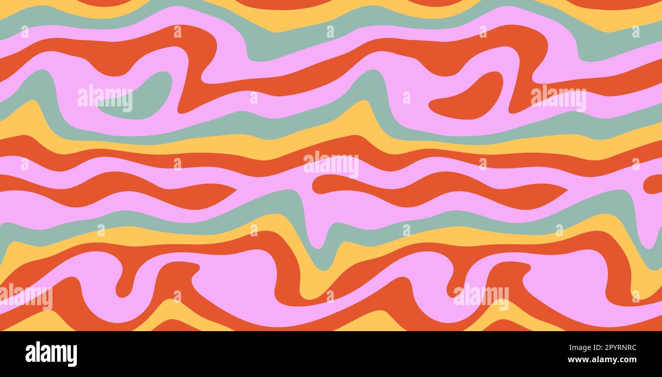 Groovy Hippie 70s Psychedelic Curved Horizontal Background. Vector Striped Seamless Pattern in Trendy Seventies Style for Web Design, Social Media Stock Vector