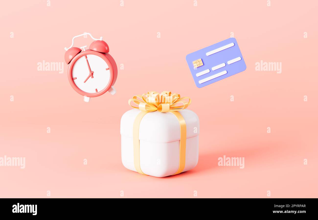 Alarm clock and bank card on the gift, limited time promotion concept, 3d rendering. Digital drawing. Stock Photo