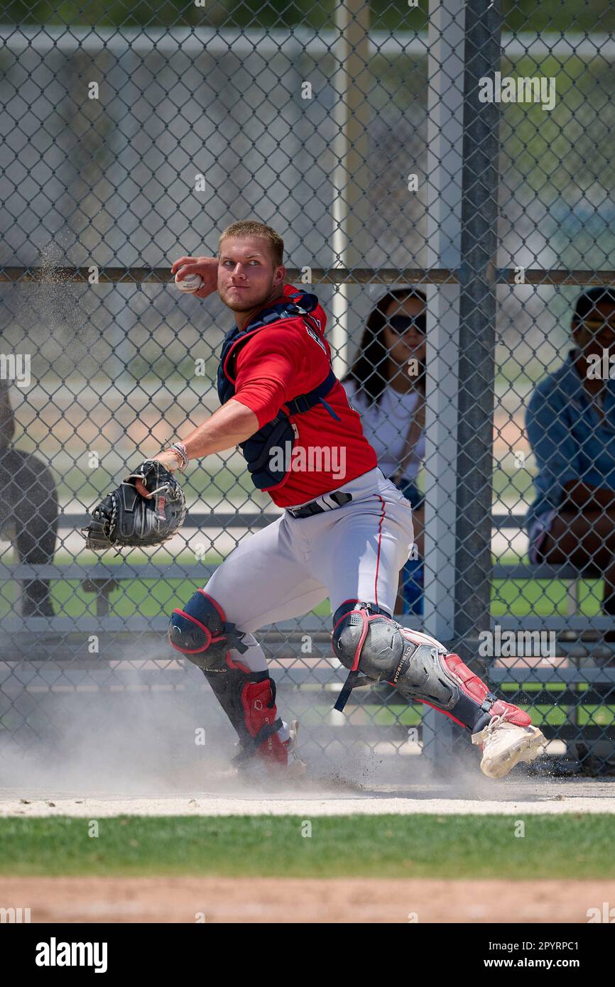Boston Red Sox catcher Brooks Brannon (17) looks to throw to first base  during an Extended Spring Training baseball game against the Minnesota  Twins on May 4, 2023 at Century Link Sports