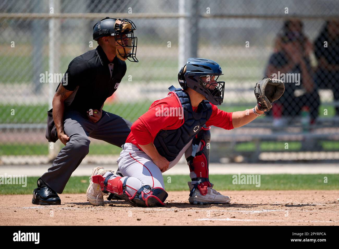 Umpire Sam Glickman and Boston Red Sox catcher Brooks Brannon (17) await  the pitch during an Extended Spring Training baseball game against the  Minnesota Twins on May 4, 2023 at Century Link
