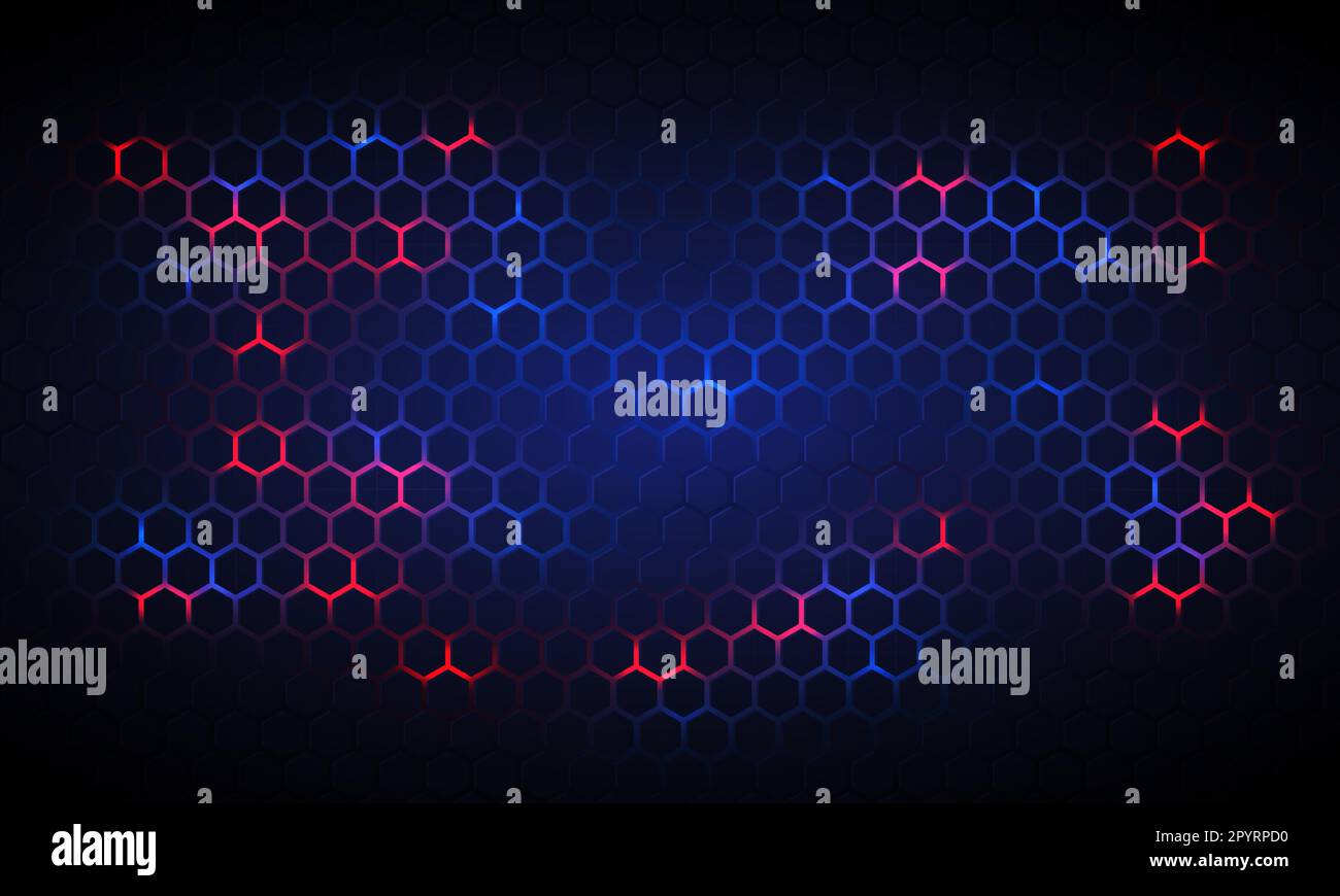 Dark hexagonal technology vector abstract background. Blue and red ...