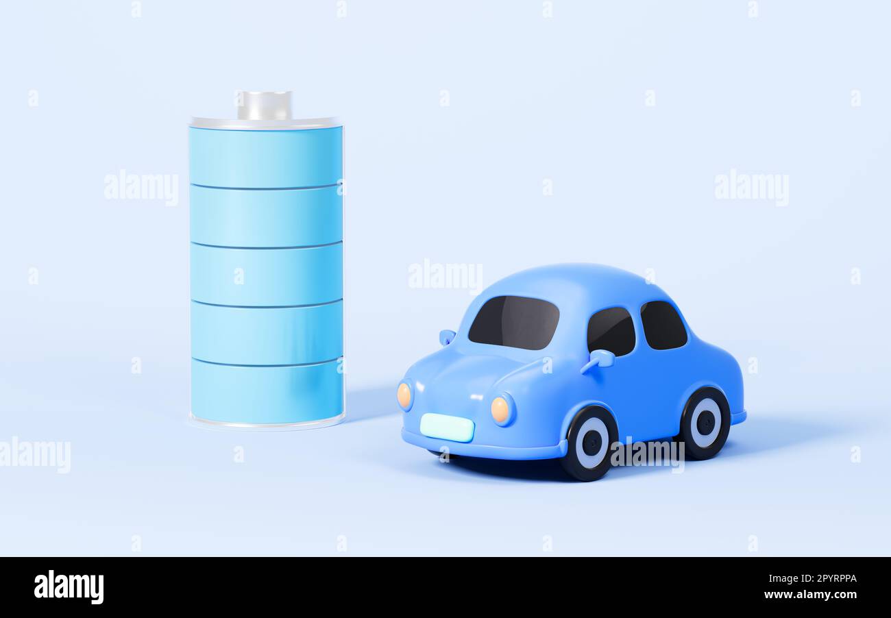 Cartoon battery and car, electric vehicle charging concept, 3d rendering. Digital drawing Stock