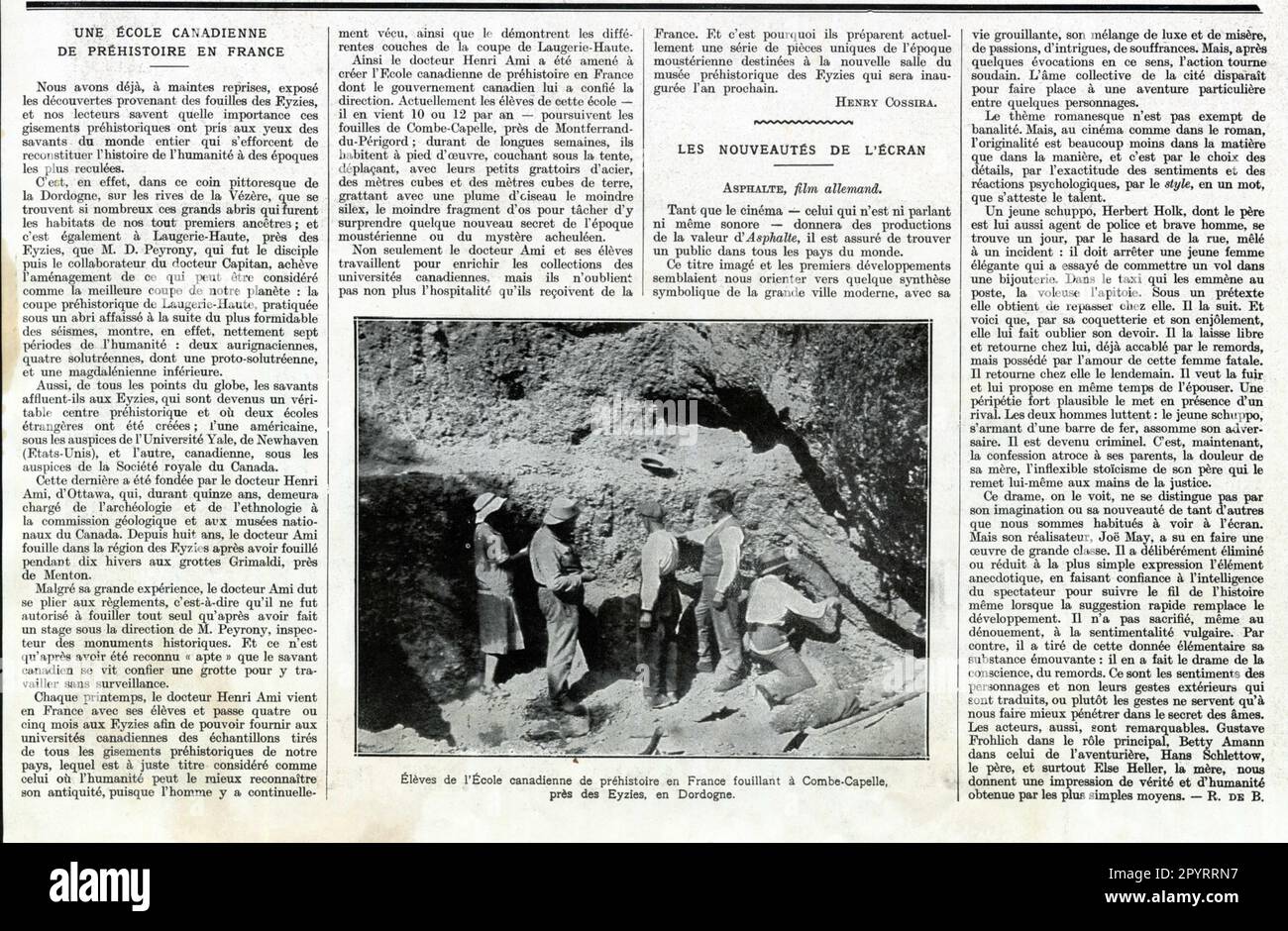 Deux articles de presse anciens, UNE ECOLE CANADIENNE DE PRÉHISTOIRE EN FRANCE et LES NOUVEAUTÉS DE L'ECRAN. 1929 Stock Photo