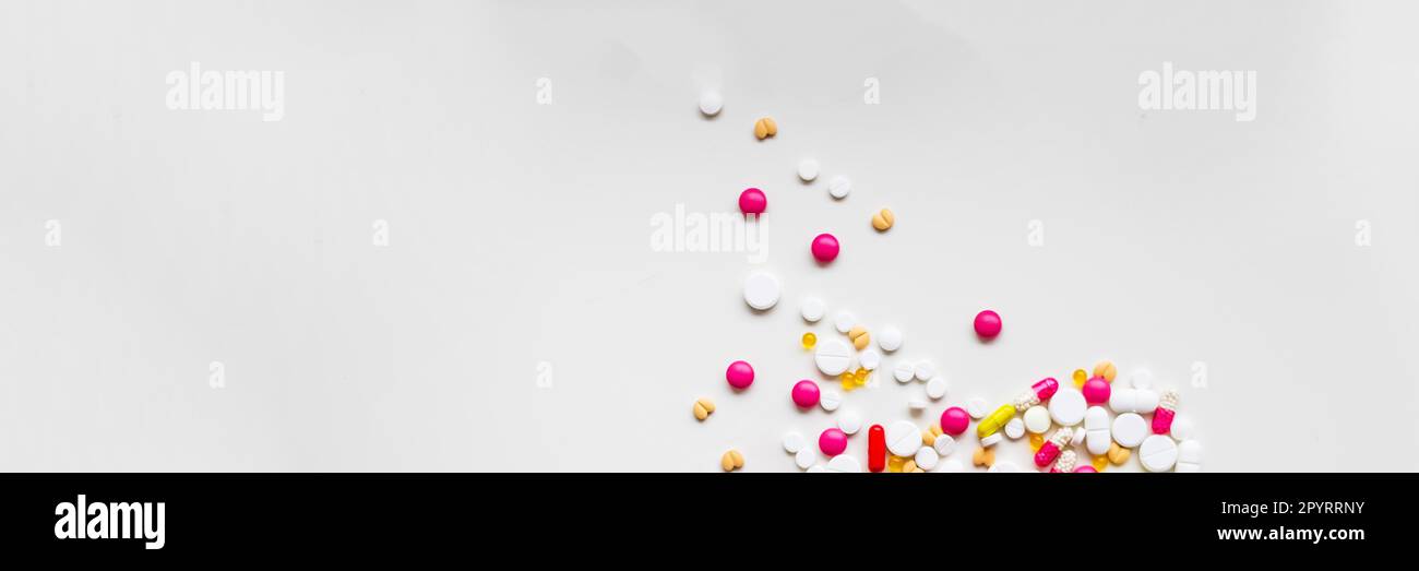 Frame of colorful antibiotic capsule pills. Pile of antibiotic capsule