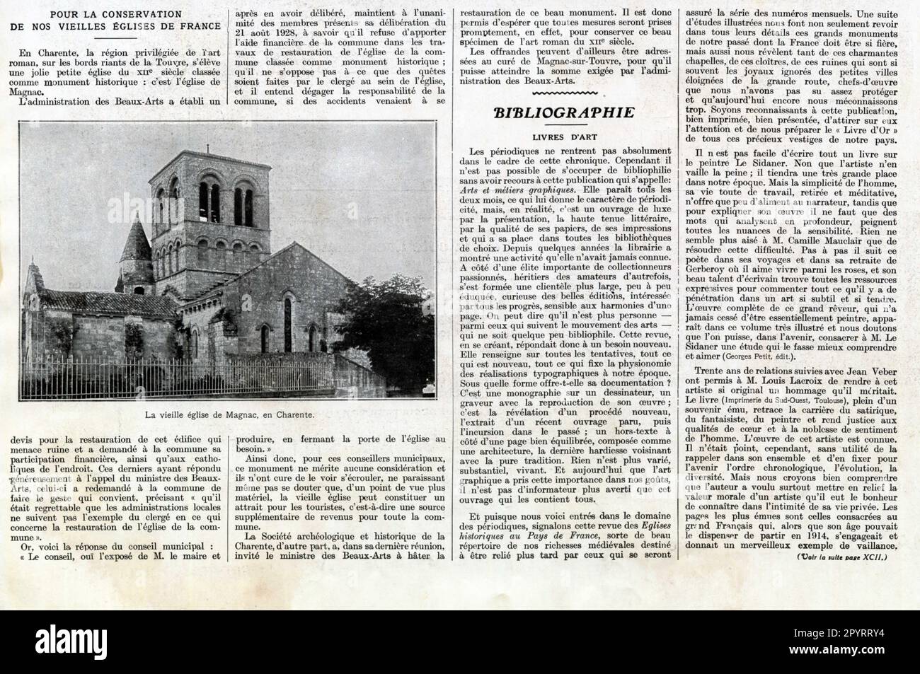 Article de presse POUR LA CONSERVATION DE NOS VIEILLES ÉGLISES DE FRANCE. 1929 Stock Photo