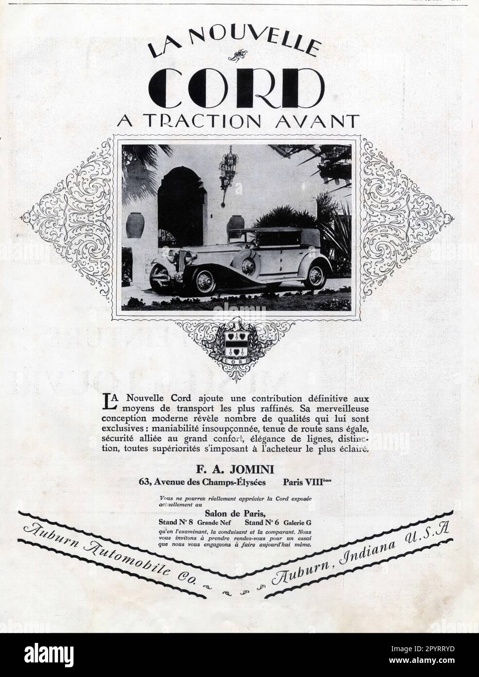 Publicité ancienne LA NOUVELLE CORD À TRACTION AVANT. 1929 Stock Photo