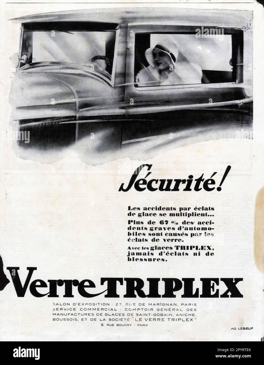 Publicité ancienne VERRE TRIPLEX, Sécurité ! 1929 Stock Photo