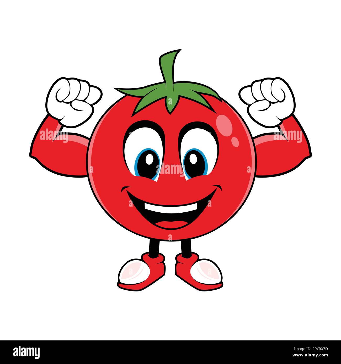 Smiling Tomato Fruit Cartoon Mascot mascot with Muscle Arms. Vector illustration of red tomato character with various cute expression Stock Vector