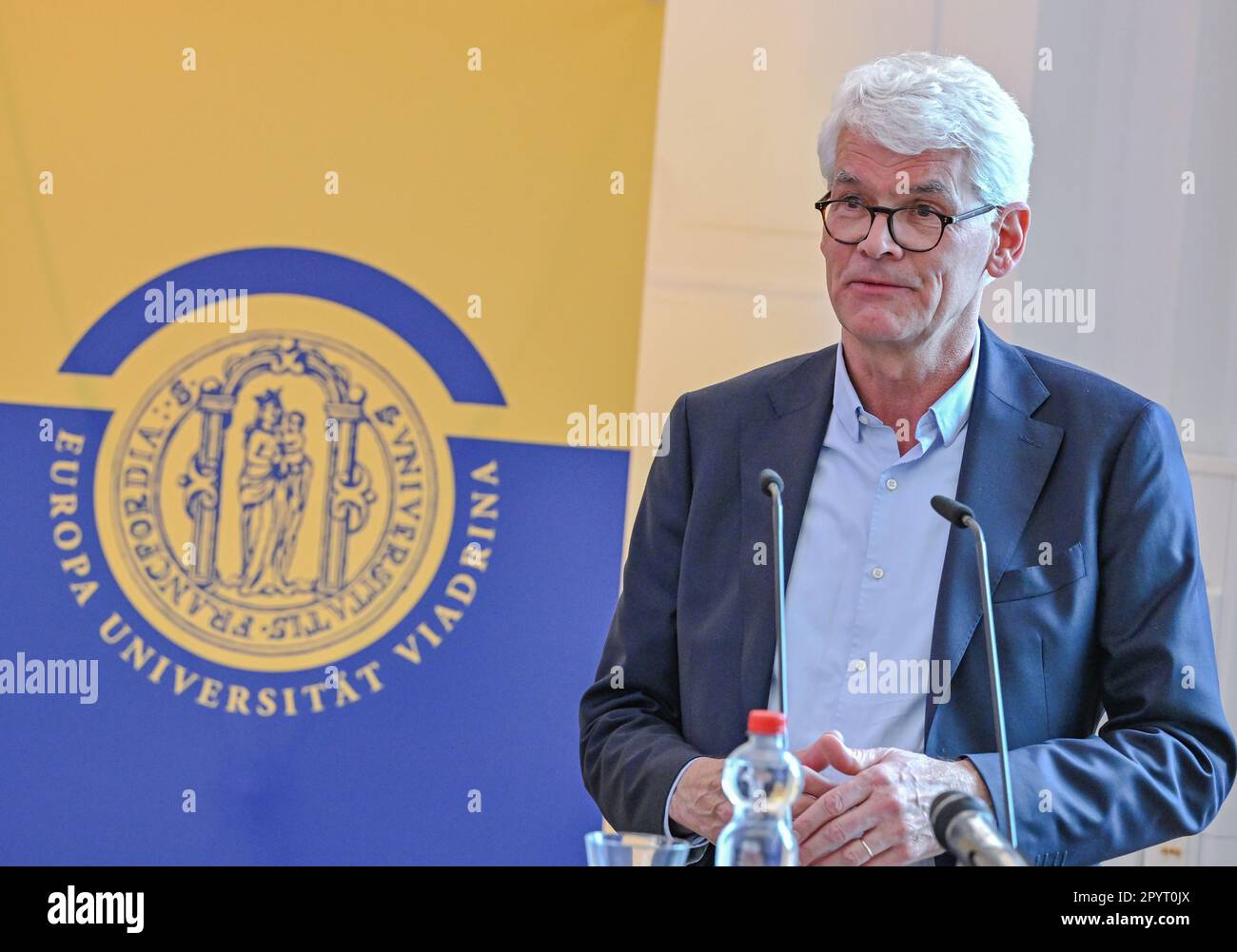 04 May 2023, Brandenburg, Frankfurt (Oder): Eduard Mühle, President of the European University Viadrina, speaks at the university. Photo: Patrick Pleul/dpa Stock Photo