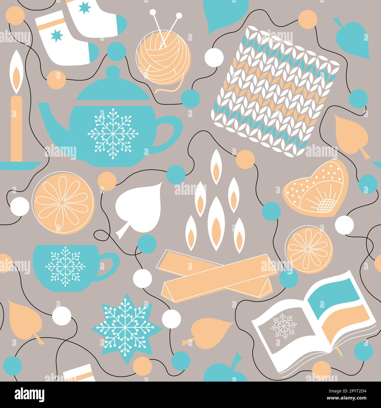 Hygge. Danish, Scandinavian and norwegian comfort. Home comfort items, glassware. Seamless pattern Stock Vector