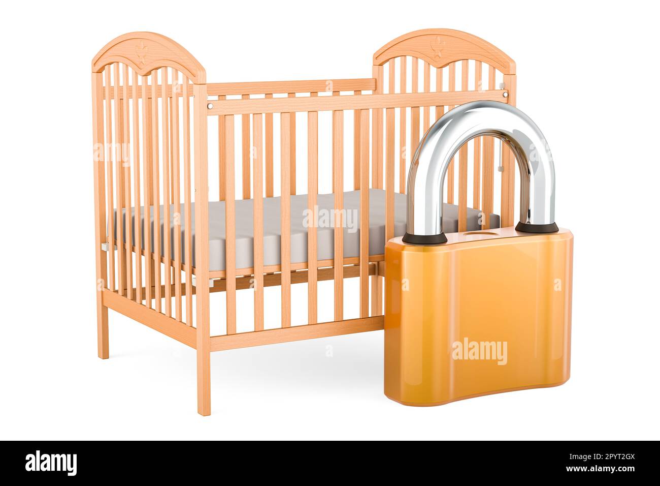Baby crib, infant bed with padlock. 3D rendering isolated on white ...
