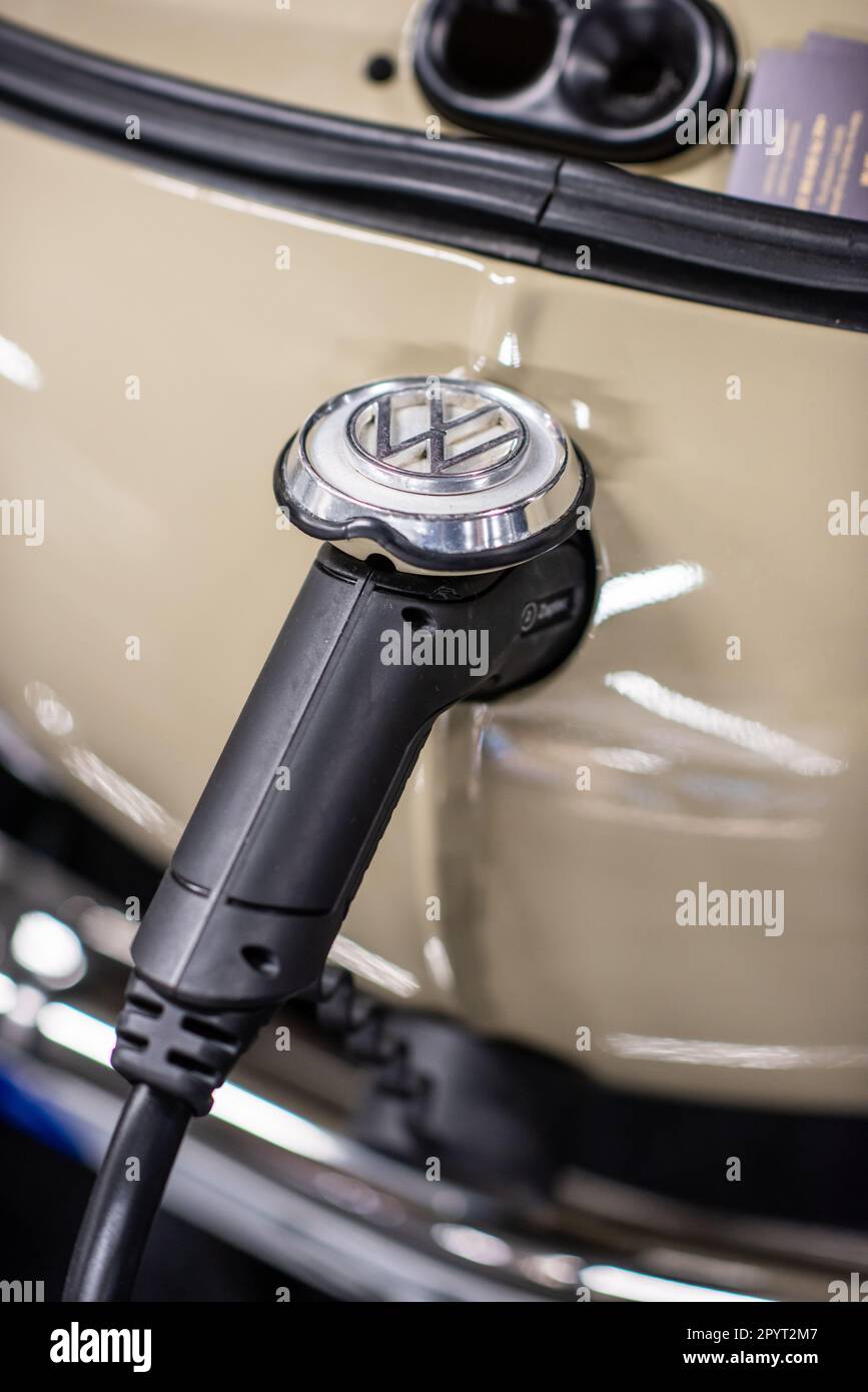 Gothenburg, Sweden - december 03 2022: Charge port of an electrically converted 1967 VW Karmann Ghia Stock Photo