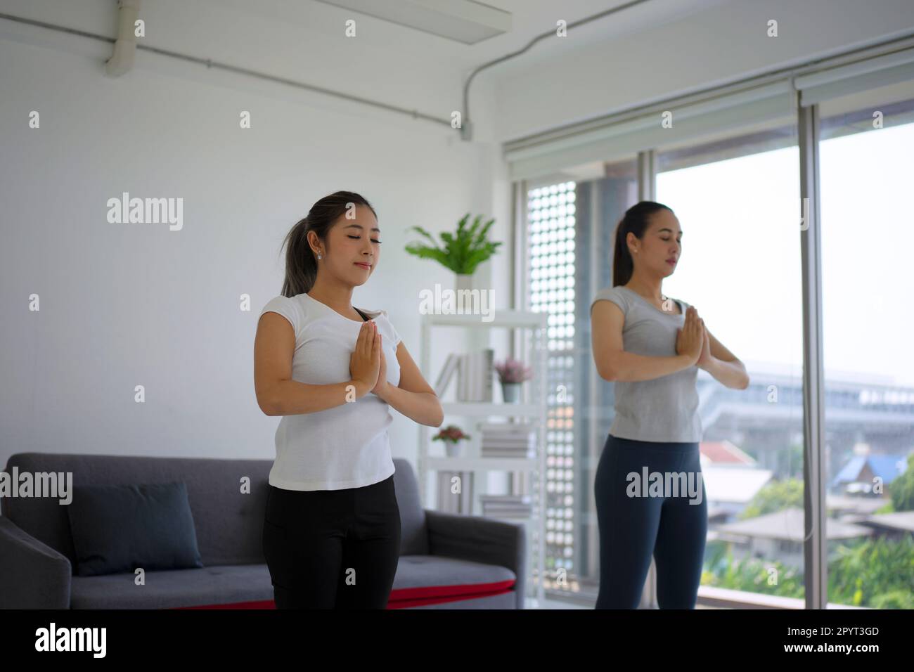 two fit Asian young women home training concept wearing sports top