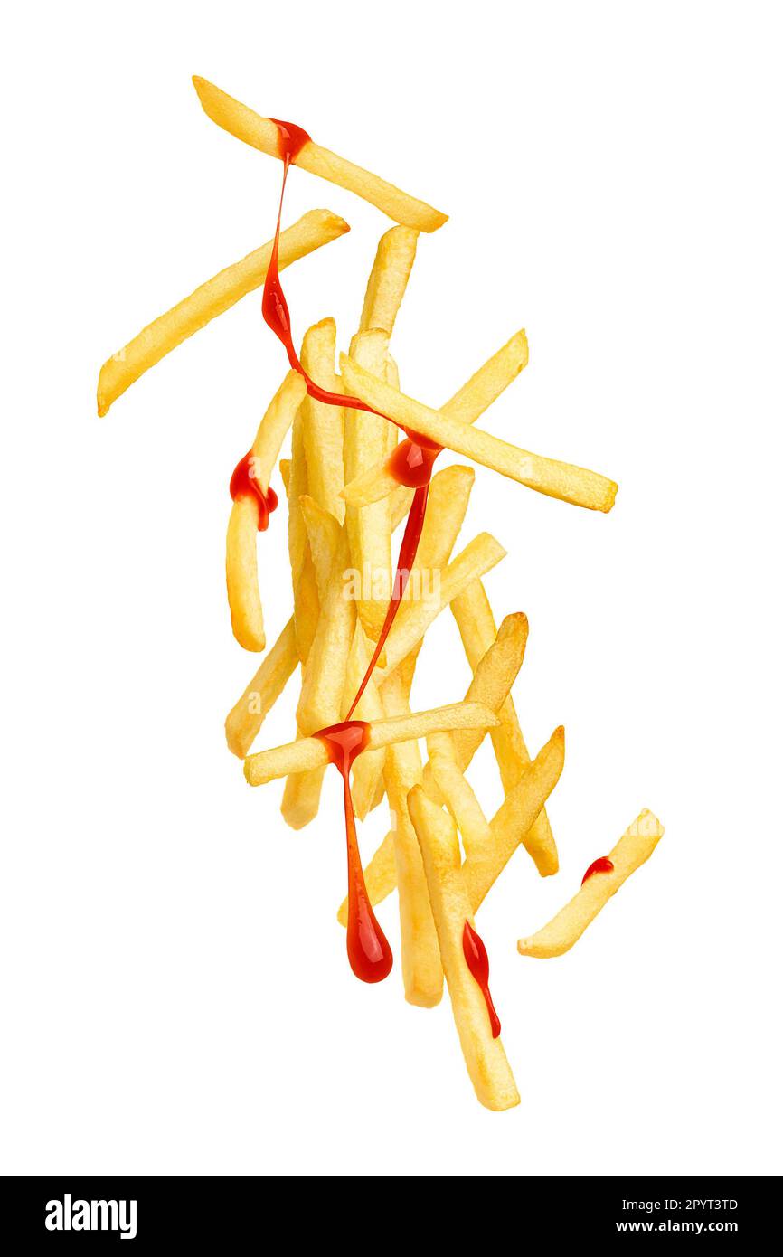 Flying french fries with ketchup splash isolated on white Stock Photo