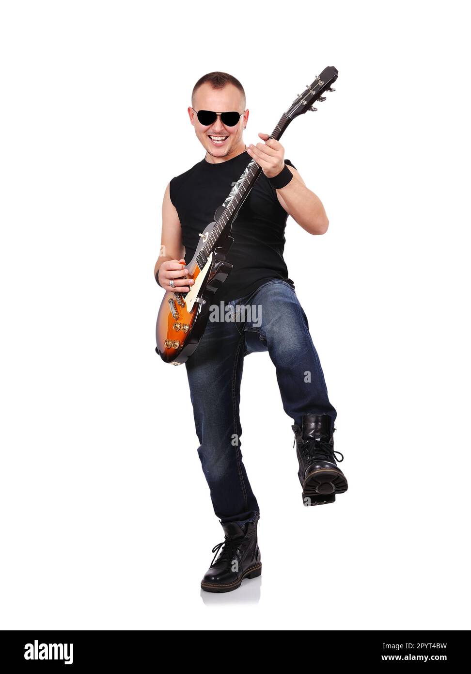 happy rock musician with electrical guitar Stock Photo