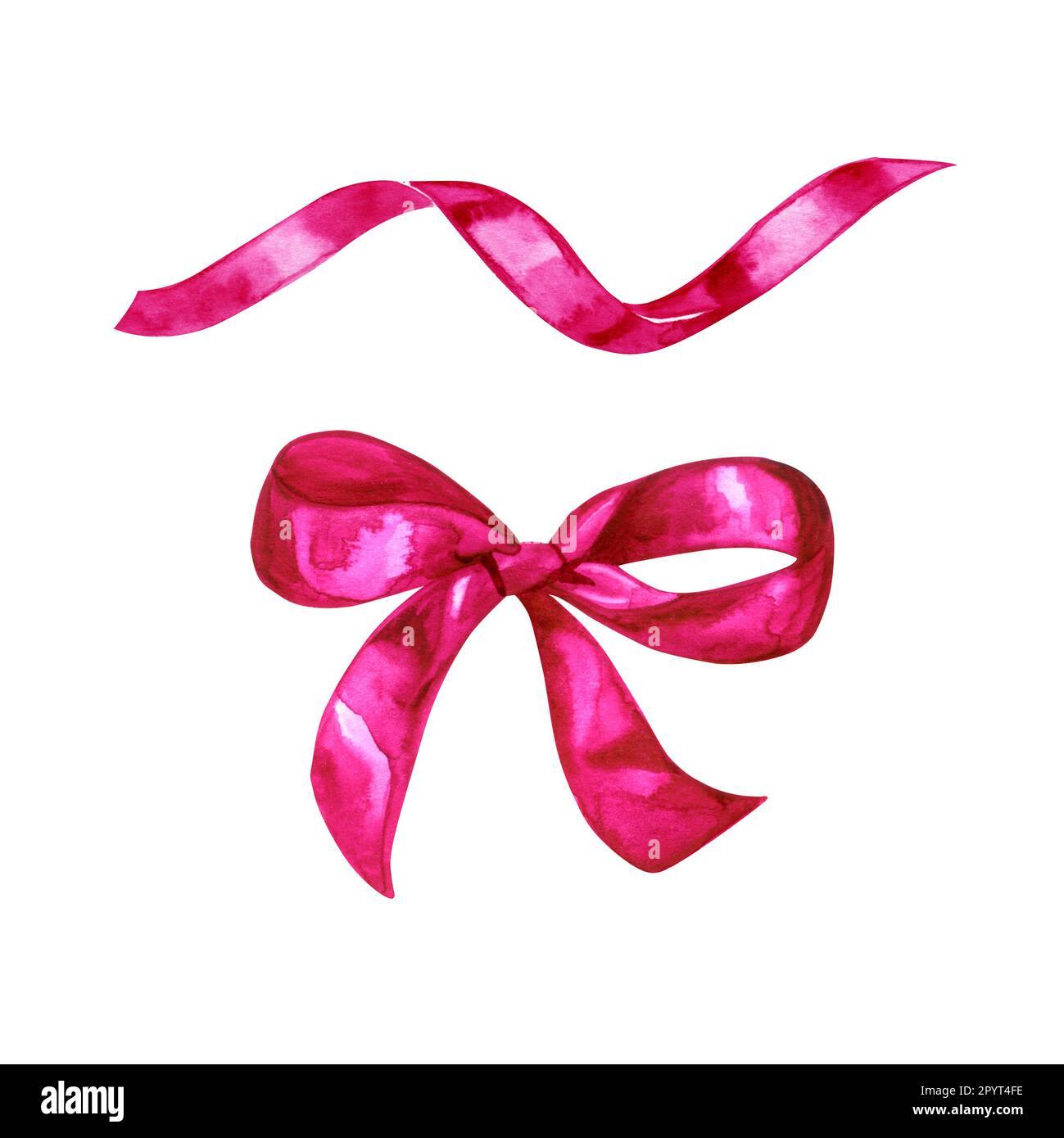 Pink satin ribbons and bow on white background, hand draw watercolor