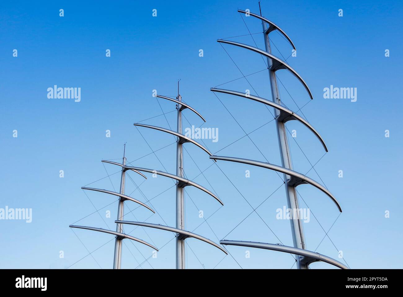 Masts like herringbone on a luxury Yacht. Stock Photo