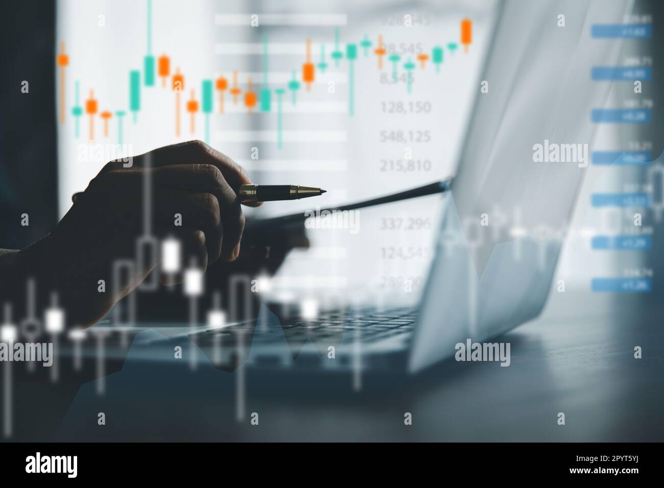 Stock business finance technology and investment concept. Stock Market Investments Funds and Digital Assets. Businesswoman analysing forex trading gra Stock Photo