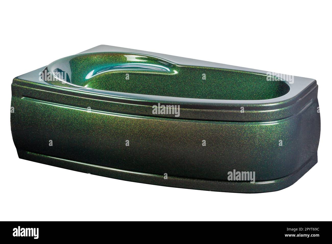 Corner acrylic bathtub in turquoise color with metallic inclusions that