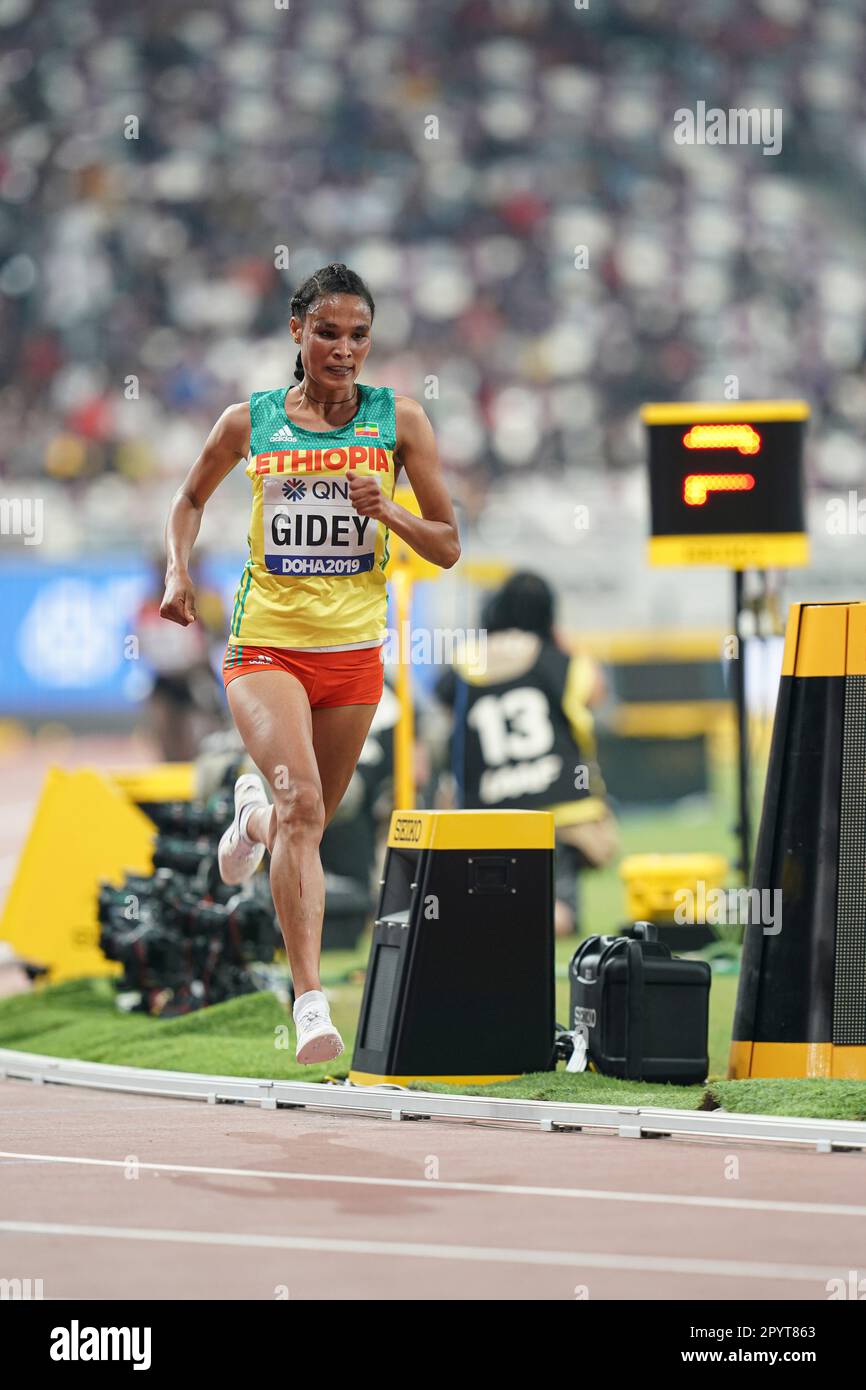 Letesenbet Gidey running the 10.000 m at the 2019 World Athletics Championships in Doha Stock