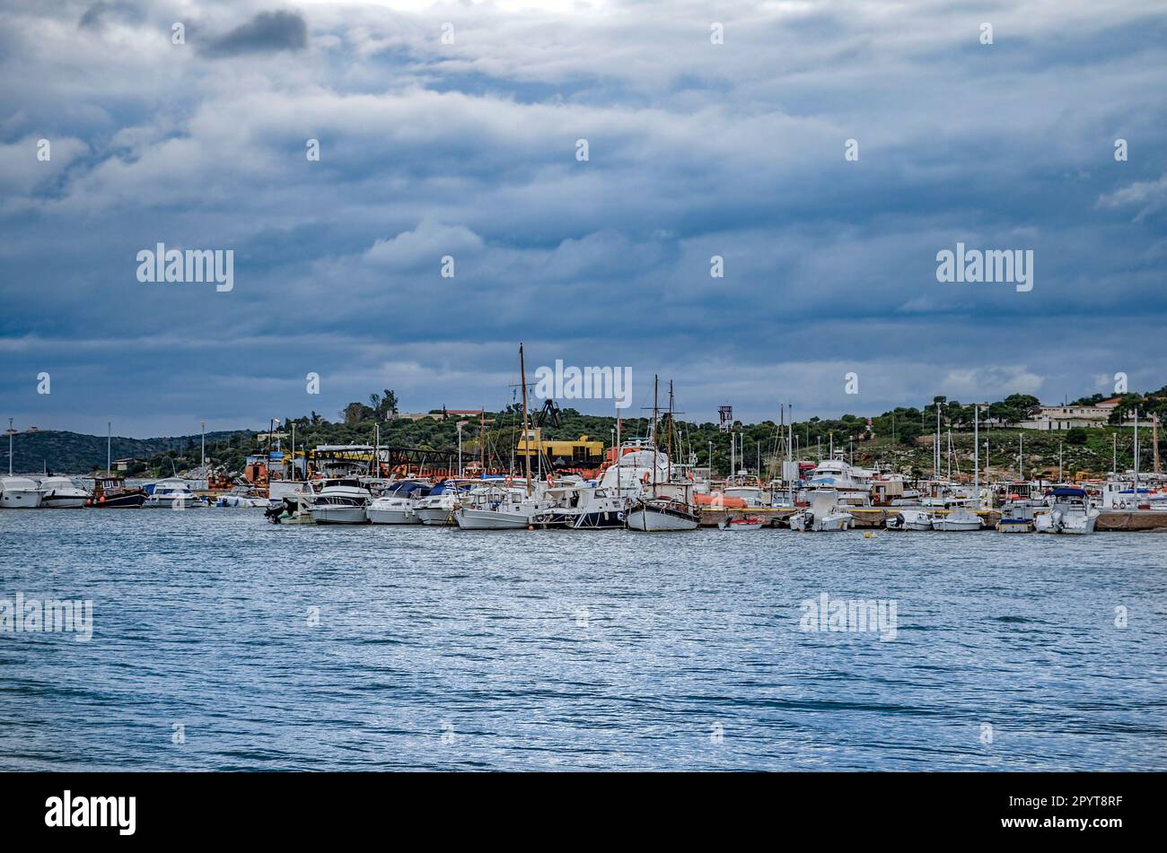 View of harbour in Megalo Pefko (Nea Peramos), Greece Stock Photo