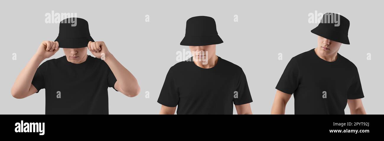 Mockup of fashionable black hat on young guy in t-shirt, set of empty panama isolated on background. Template of summer clothes for sun protection, he Stock Photo