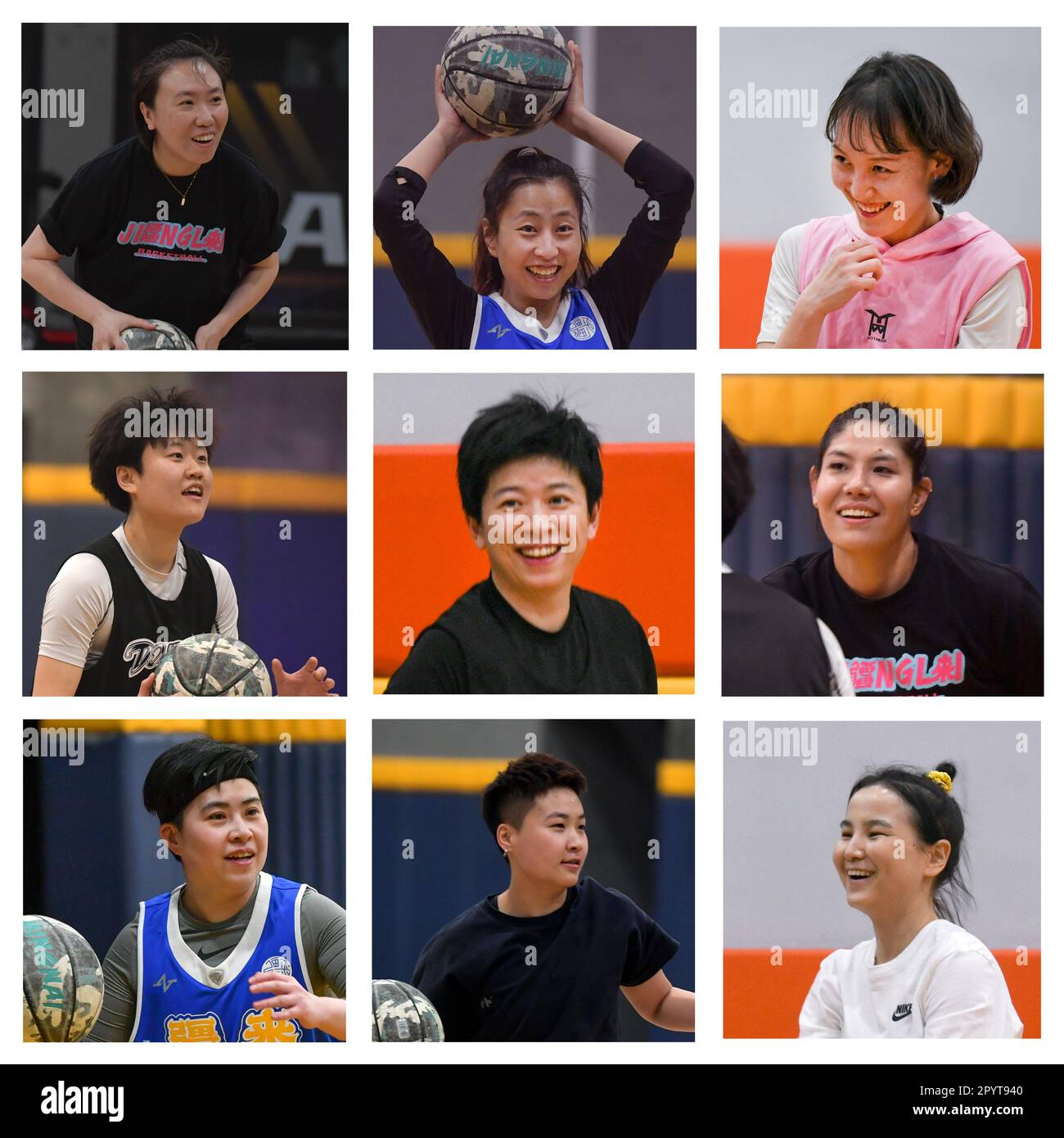 (230505) -- URUMQI, May 5, 2023 (Xinhua) -- This combo photo shows members of Jiang Lai Women's Basketball Club. In Urumqi, northwest China's Xinjiang Uygur Autonomous Region, a group of female basketball players have formed a basketball club named Jiang Lai. The club members are individuals from ethnic groups such as Han, Uygur, Kazak, Mongolian and Hui. According to Wang Na, the founder of the club, the name Jiang Lai means the team comes from Xinjiang.In the past few years, its membership has grown from 15 to nearly 100. With their growing influence, they organized a series of women's baske Stock Photo