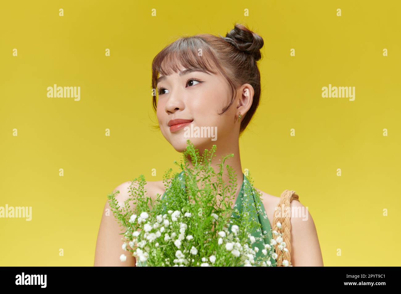 attractive nice pretty girl hold hands flowers beaming smile isolated on yellow background Stock Photo