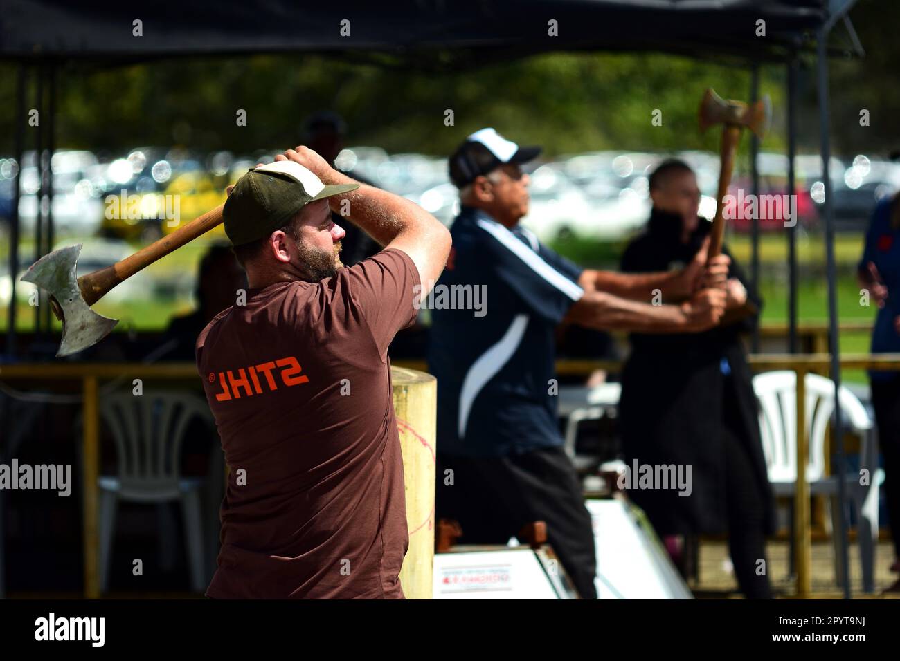 Auckland, New Zealand - Mar 2023. Lumberjack sports practicing in a public park. Timbersports are extremely popular in New Zealand Stock Photo