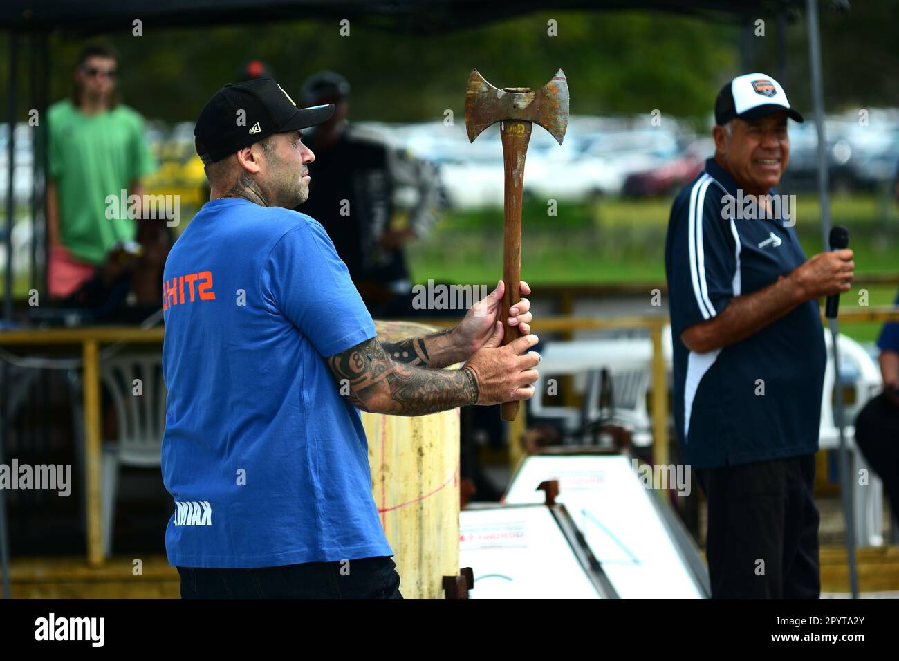 Auckland, New Zealand - Mar 2023. Lumberjack sports practicing in a public park. Timbersports are extremely popular in New Zealand Stock Photo