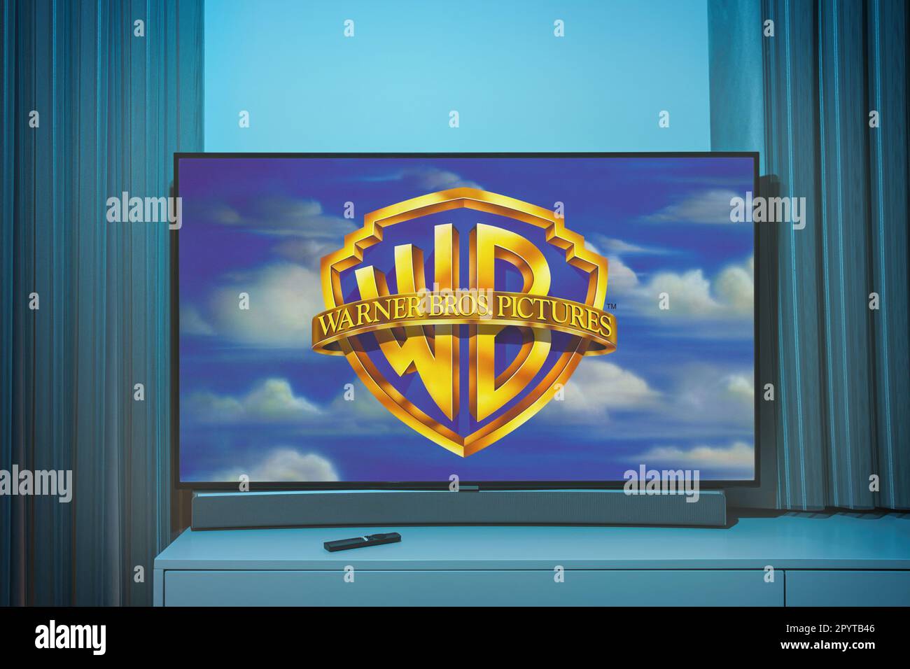 Kaunas Lithuania 2023 May 5 Warner Bros Intro Logo On Tv Screen Kaunas Lithuania 2023 May 5 Warner Bros Intro Logo On Tv Screen