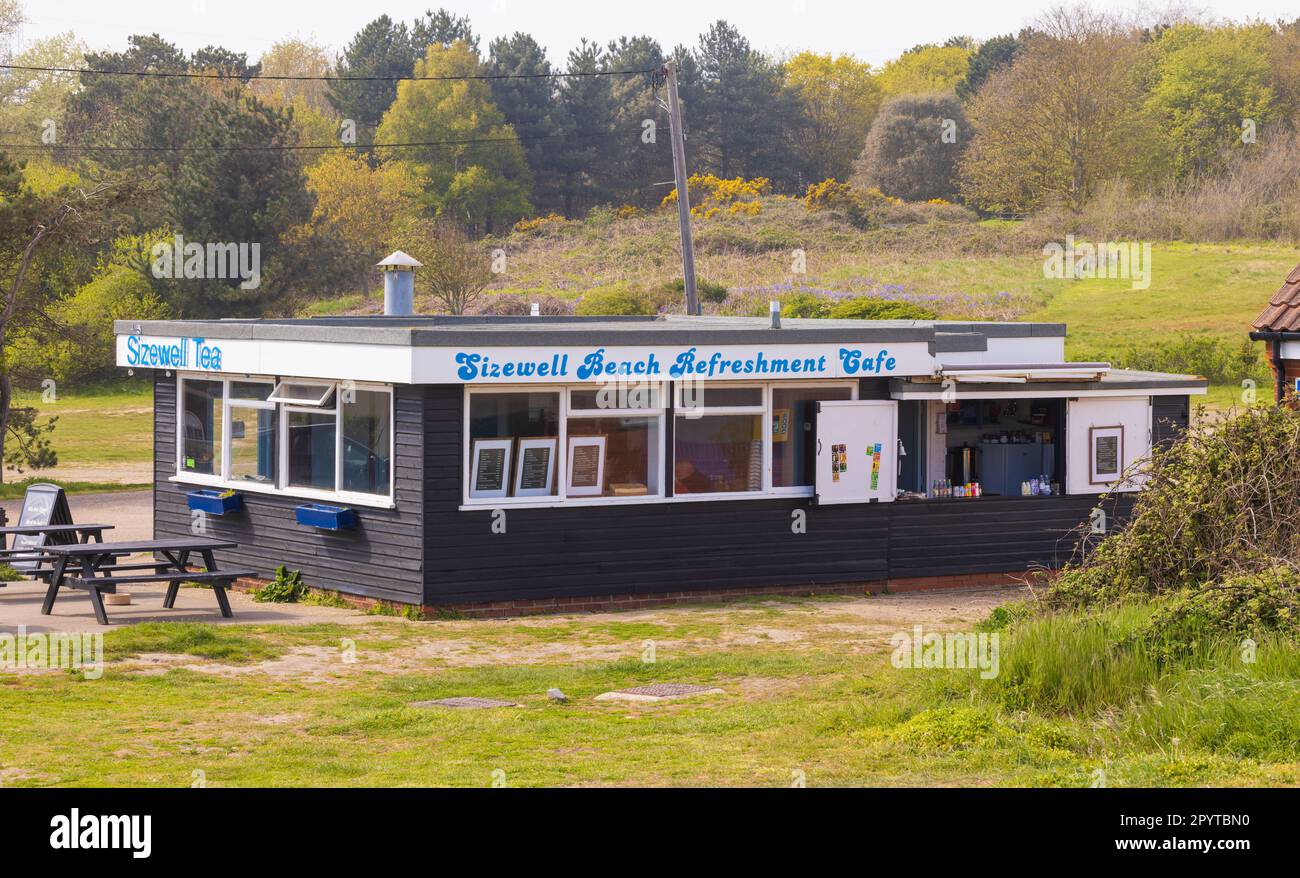 Sizewell Tea Cafe located on the beach near to the proposed Sizewell C nuclear Power station. Stock Photo