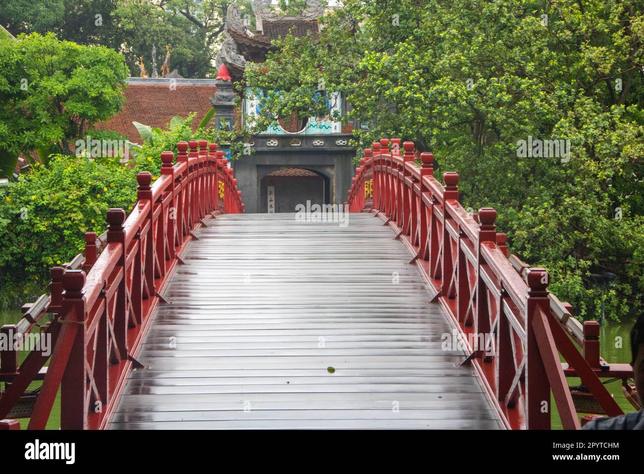 bright red Huc Bridge at hanoi Stock Photo