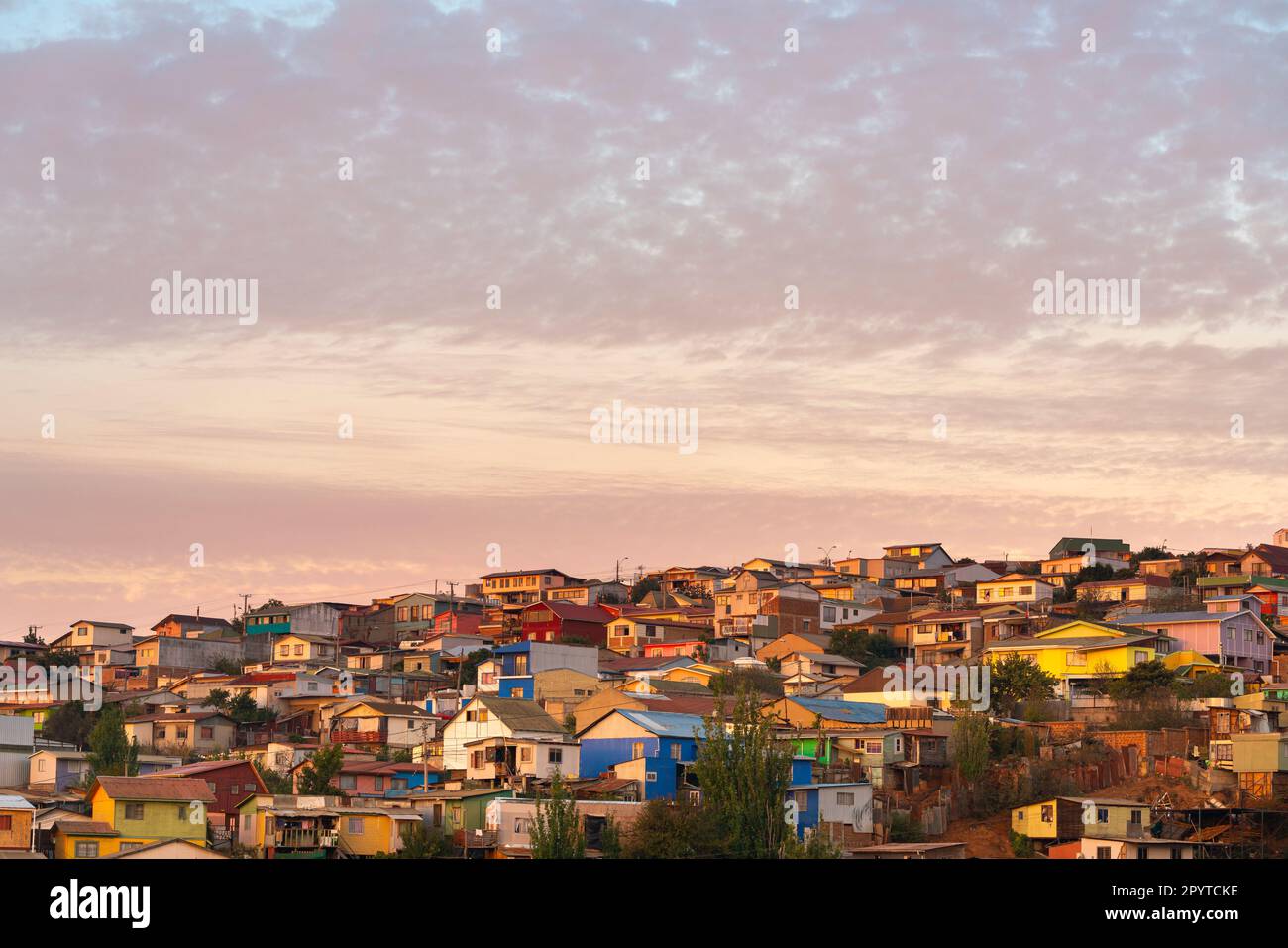 Colourful houses of ValparaÃso at sunset, Valparaiso, Chile Stock Photo