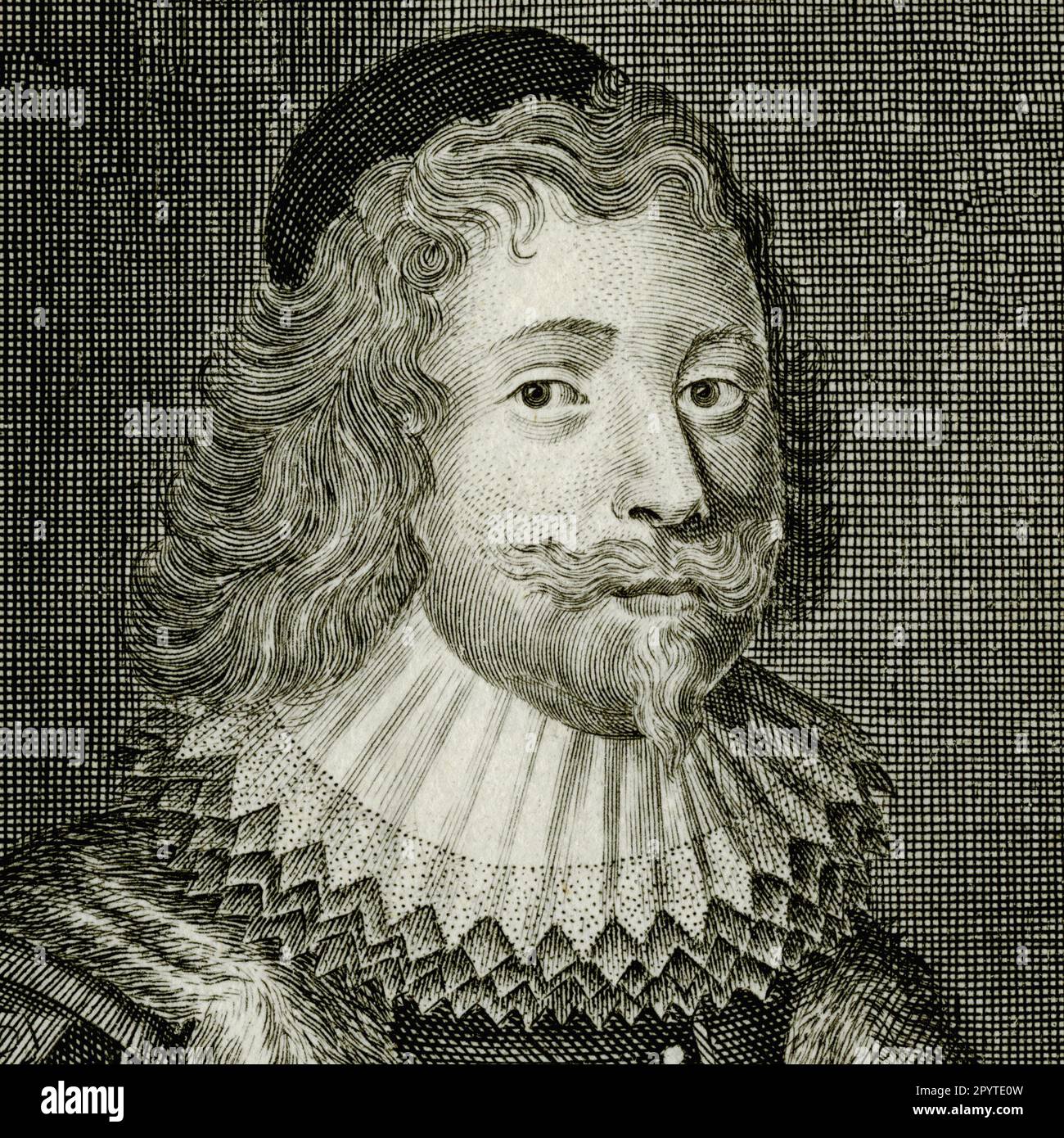 John Finch (1584-1660), Lord Finch of Fordwich, Royalist Speaker of the House of Commons prior to the English Civil War. In 1637, as Chief Justice of the Court of Common Pleas, Finch presided over the trial of MP John Hampden, a leading parliamentarian and opponent of the king, for failing to pay 'Ship Money', a hated tax.  Square detail of engraving created in the 1700s by George Vertue (1683-1756), after a portrait by Cornelius Johnson (1593-1661). Stock Photo