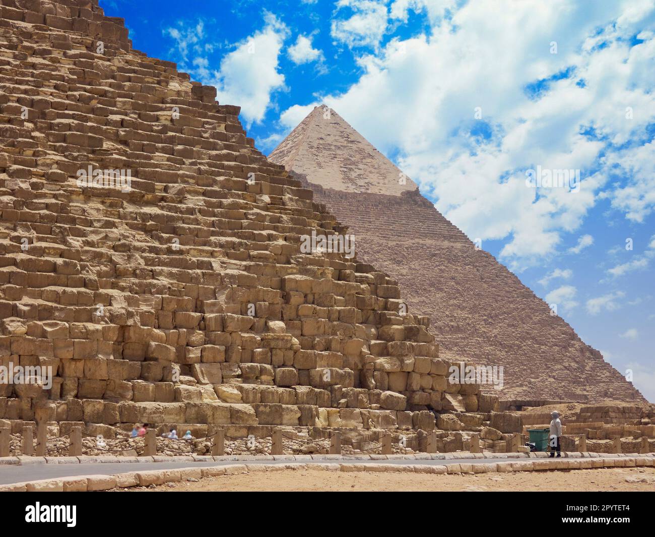 Egyptian pyramids in sand desert and clear sky Stock Photo