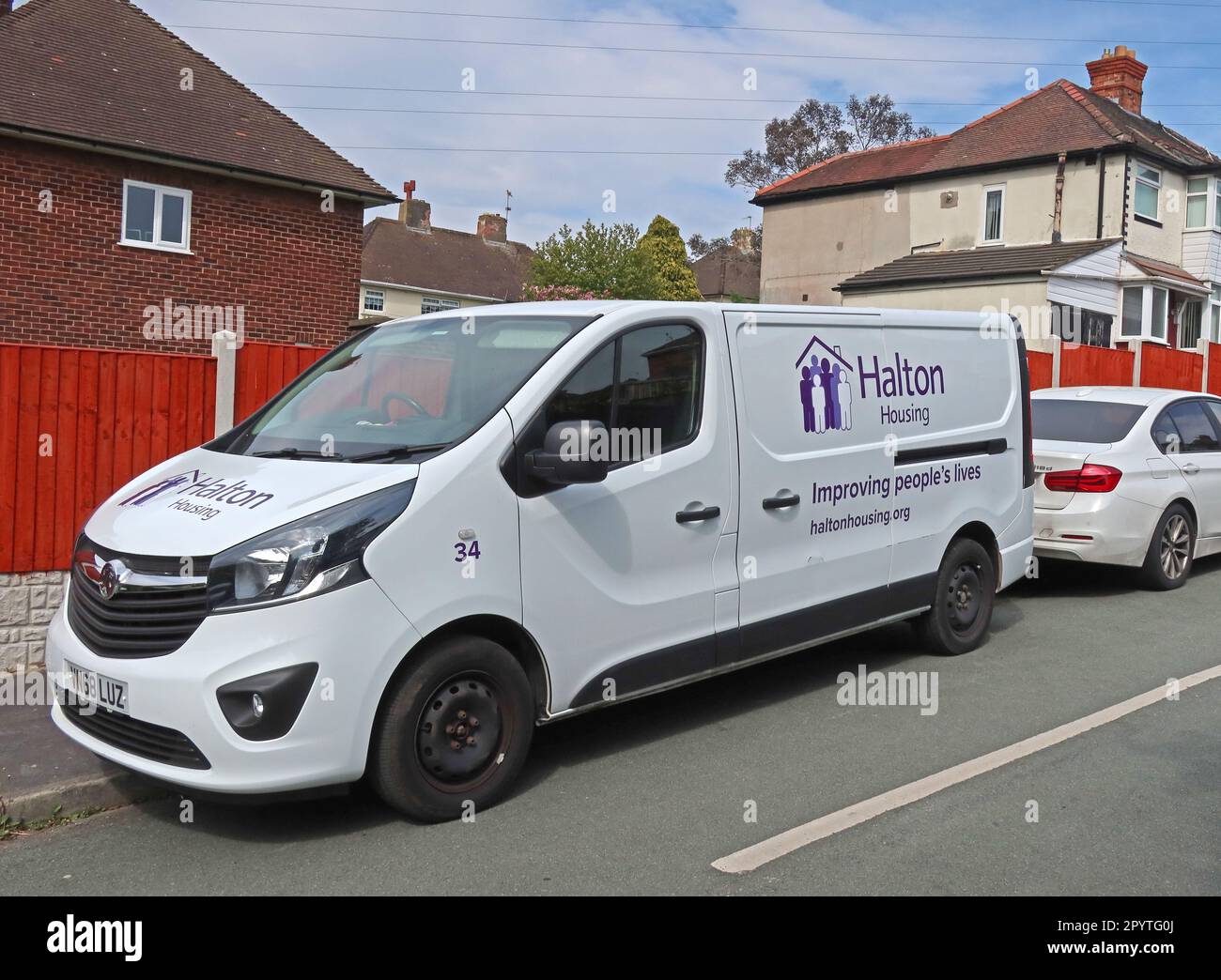 Halton Housing, HHT, repairs van in Cameron Avenue, Western Point, Runcorn, Halton, Cheshire, England, UK, WA7 4BN Stock Photo