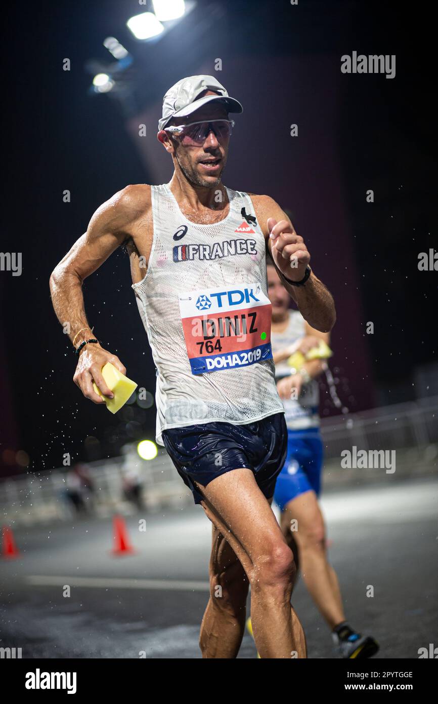 Yohann Diniz running the 50 Kilometres Race Walk at the 2019 World Athletics Championships in Doha. Stock Photo