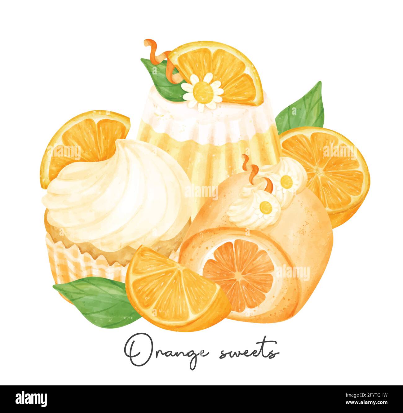 group of homemade orange favour sweets with fruit composition watercolour illustration vector banner isolated on white background. Stock Vector