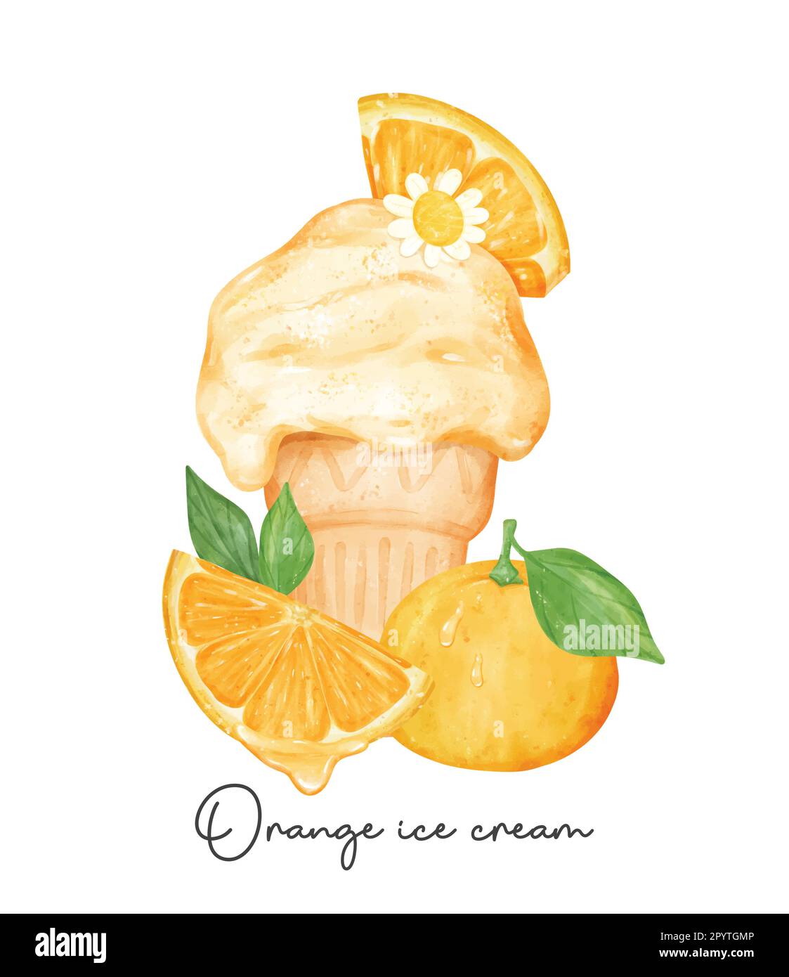 Refreshment homemade orange ice cream waffel cone with fruits composition watercolour illustration vector banner isolated on white background. Stock Vector