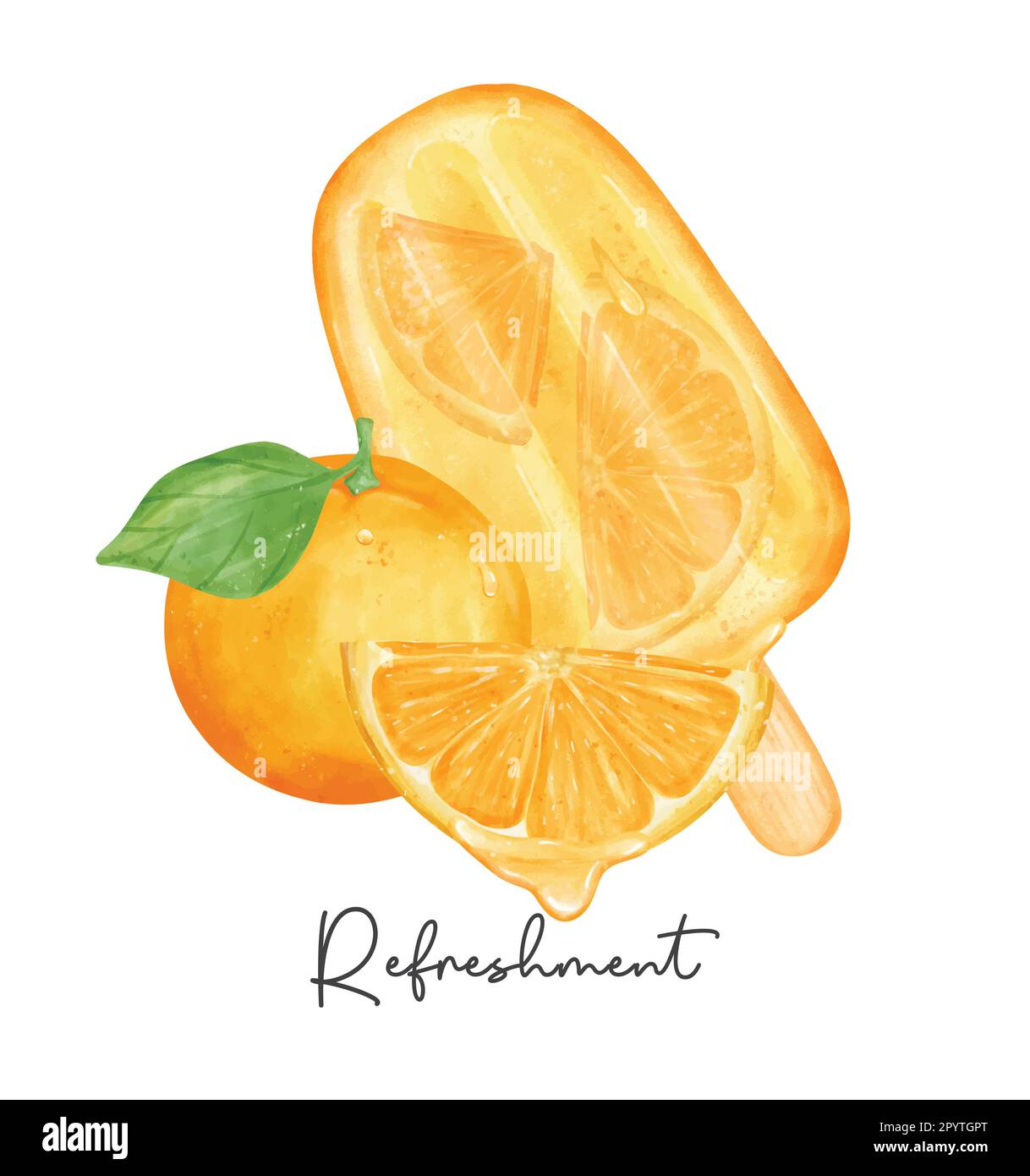 Refreshment homemade orange ice cream popsicle with fruits composition watercolour illustration vector banner isolated on white background. Stock Vector