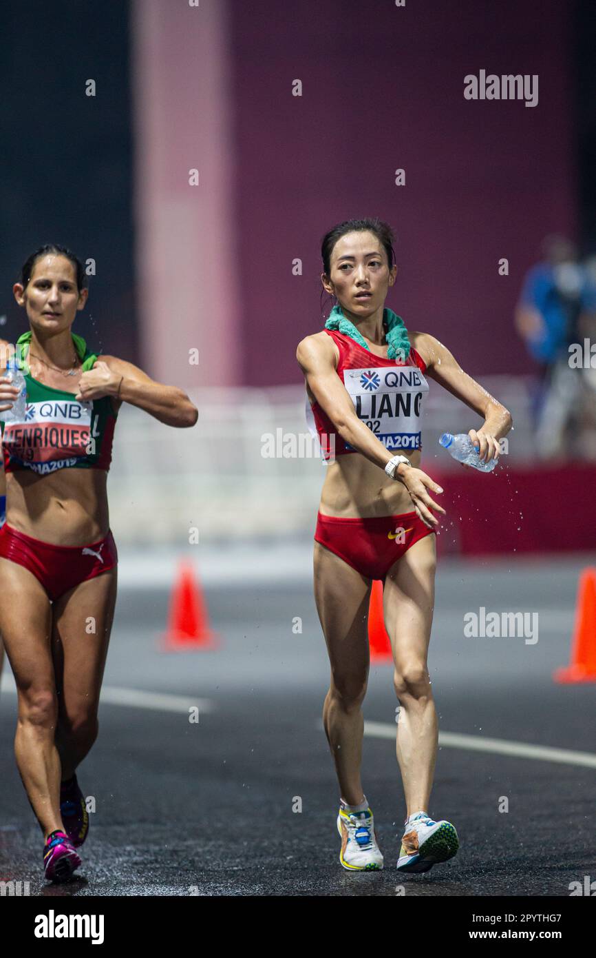Rui Liang running the 50 Kilometres Race Walk at the 2019 World ...