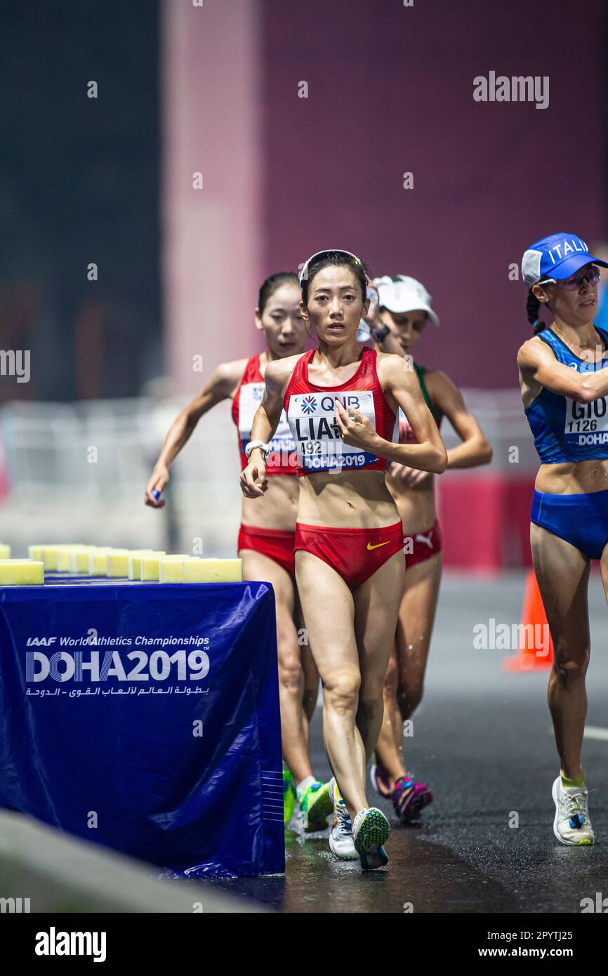 Rui Liang running the 50 Kilometres Race Walk at the 2019 World ...
